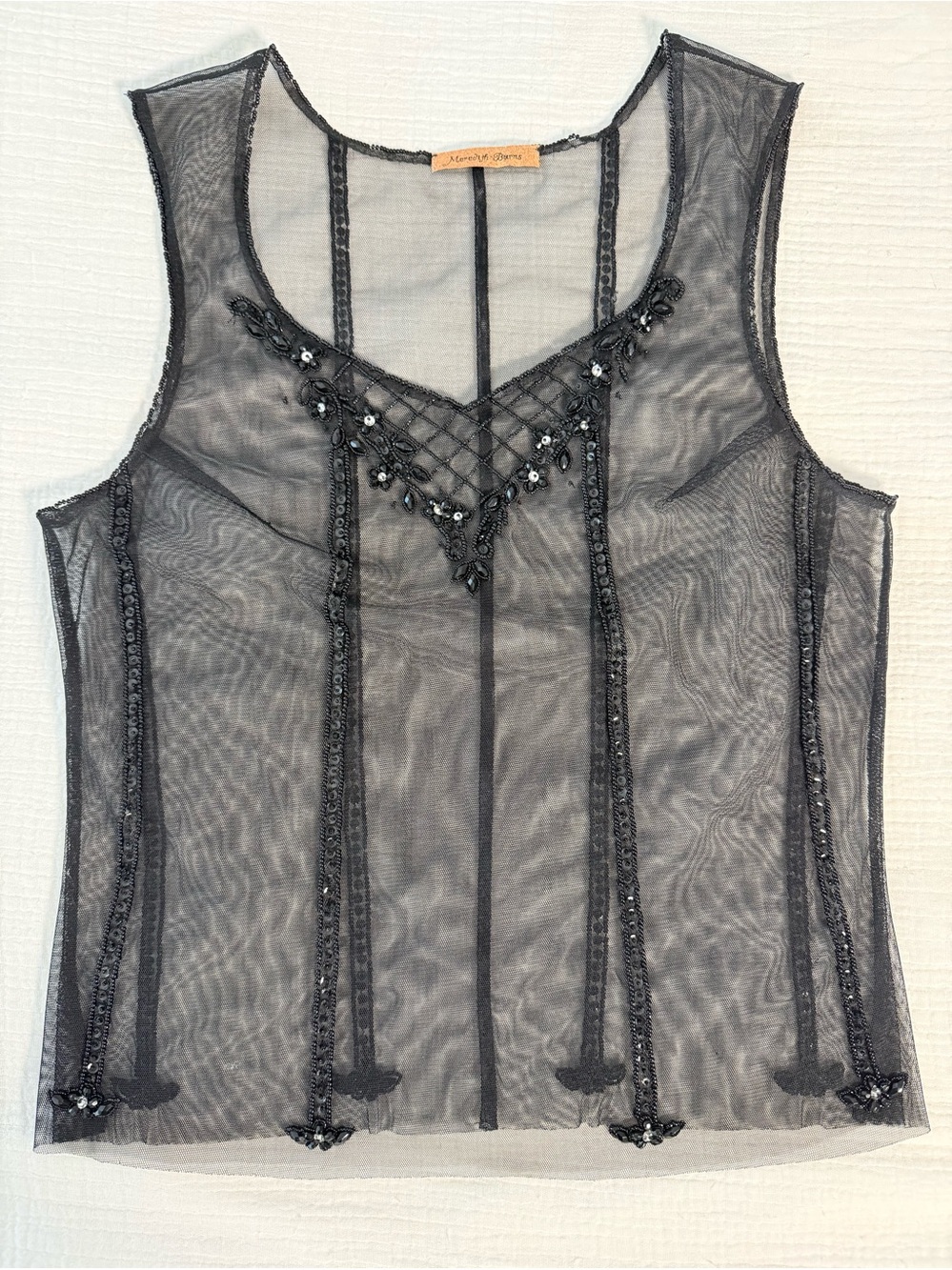 VTG Sheer Black Mesh Beaded Tank Top XS Embellished Floral Meredith Burns